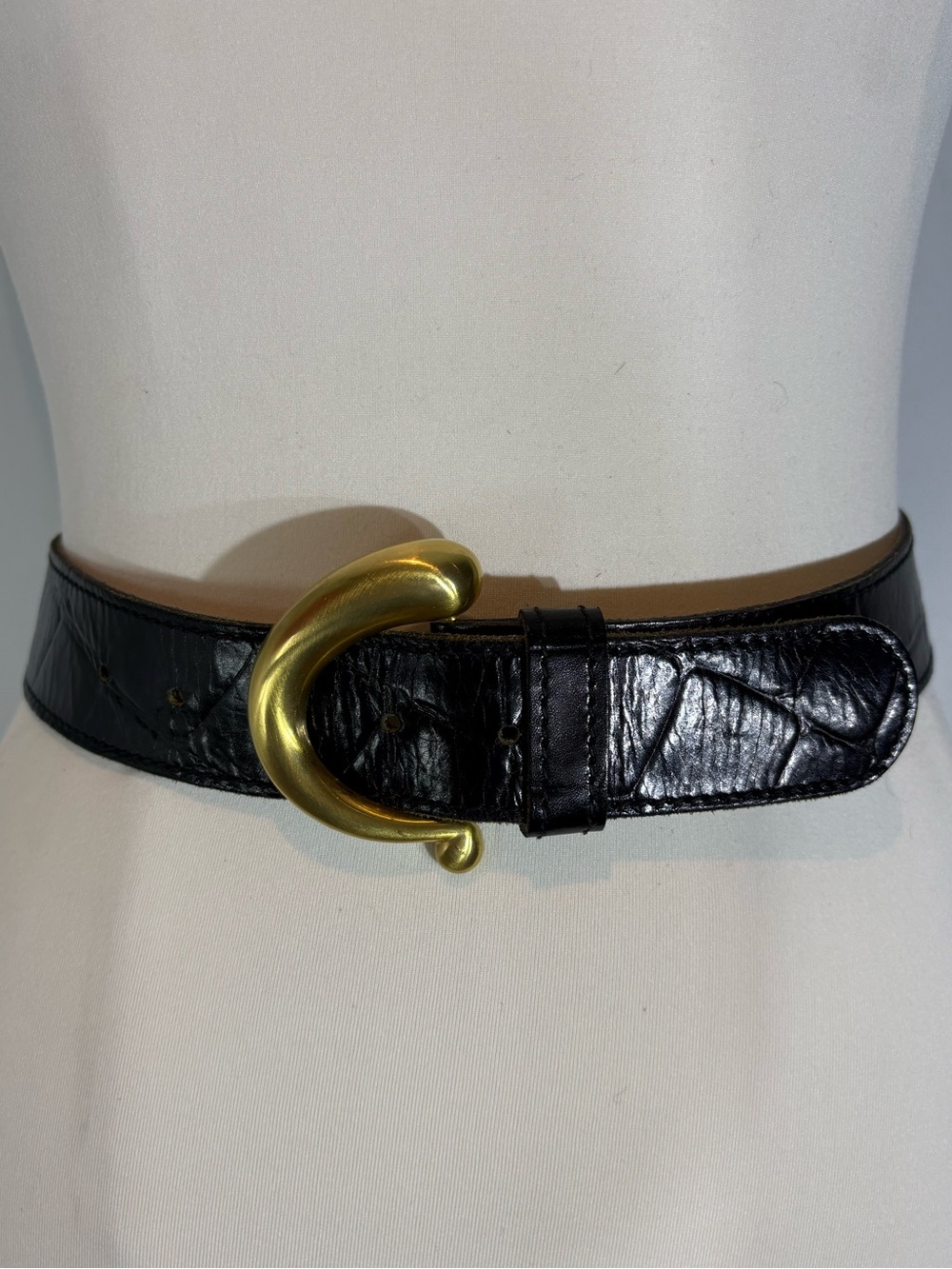 Vintage Anne Klein for Calderon Black Leather Belt Gold Buckle Medium